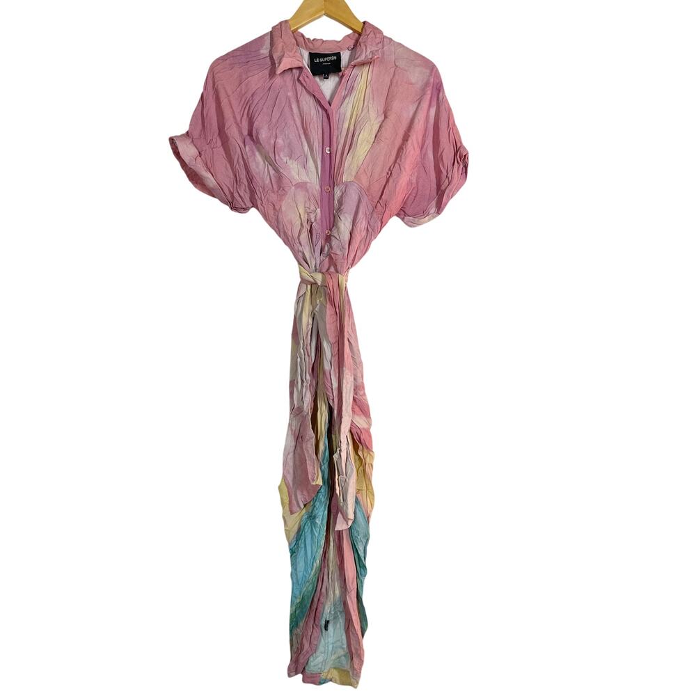 Le Superbe Sparkling Surf Miko Shirt Dress Short Sleeve Draped Midi Pink Ombre 4 - Picture 4 of 8